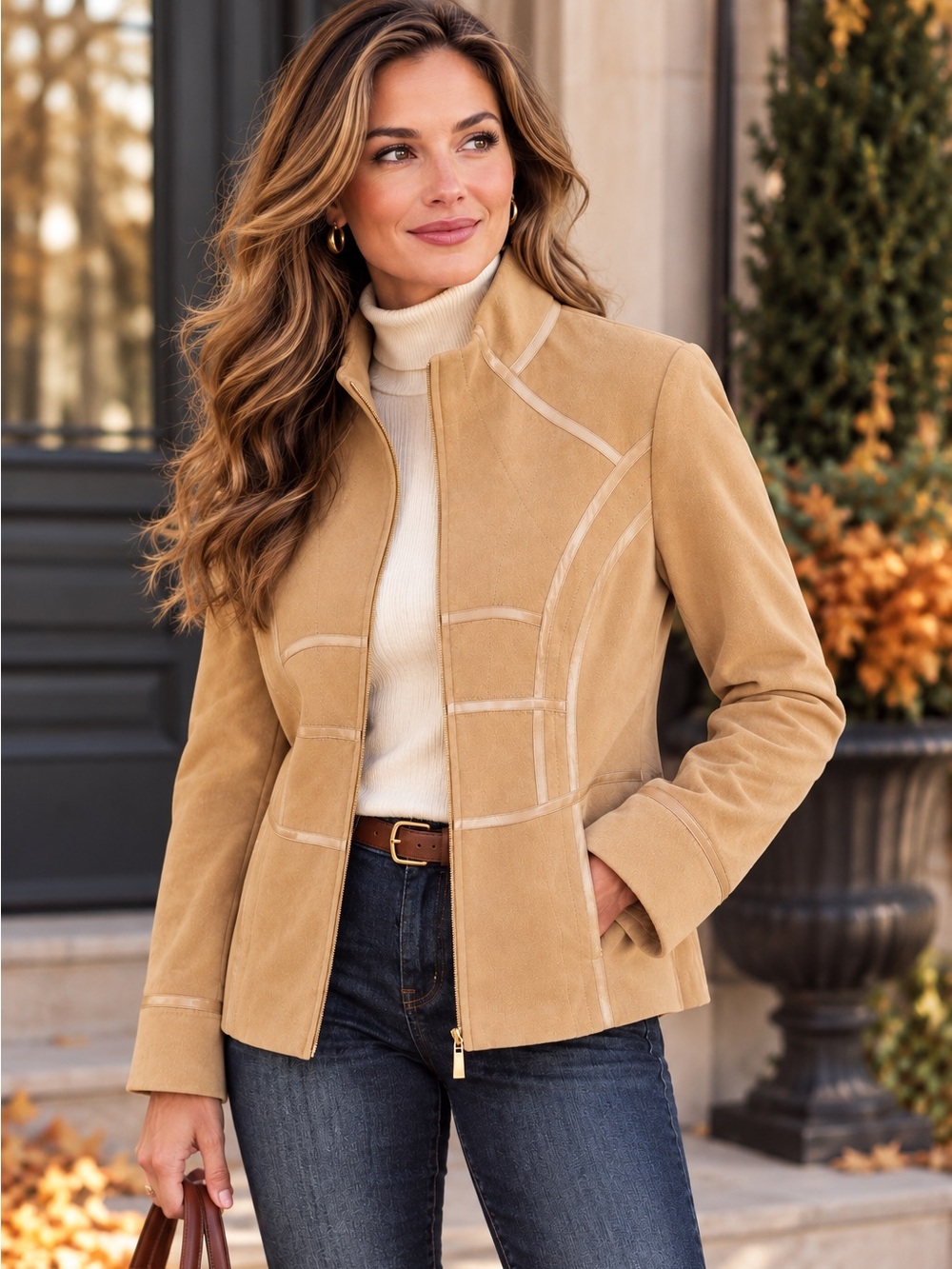 Ellen Tracy Wool Blend Zip Front Bell Sleeve Jacket Size 12 Camel Silk Trim